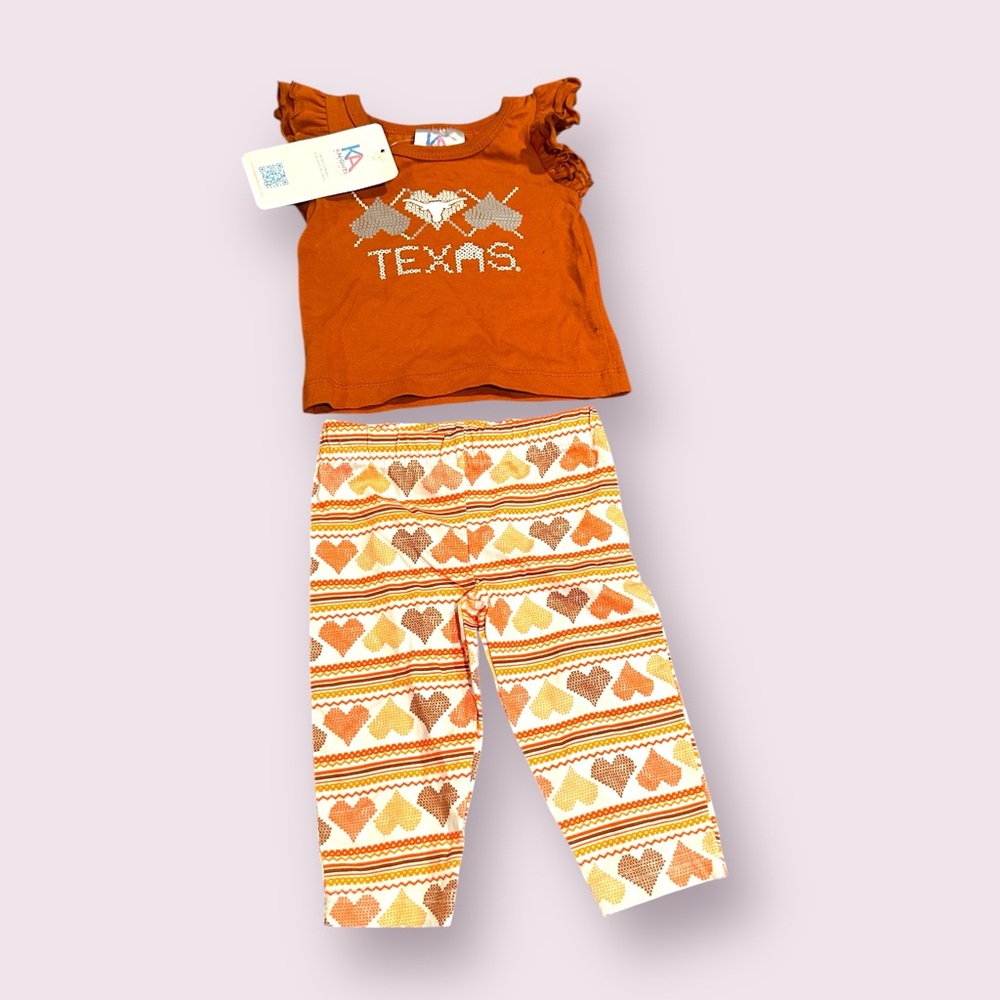 NWT Baby Texas Longhorns Heart Print Outfit - S/S Top And Leggings 0-3 Mon